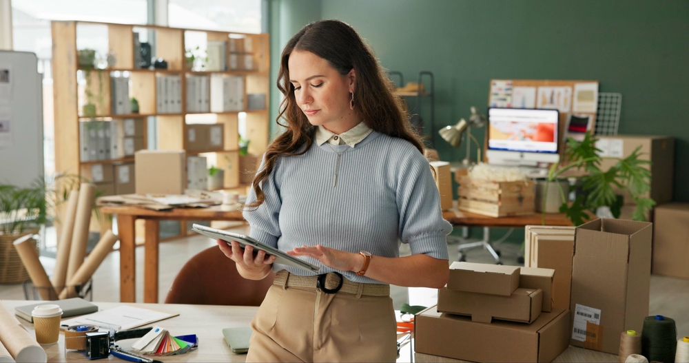 Shipping, small business and woman with tablet for creative ideas on how to improve business, intellectual property protection with business insurance.