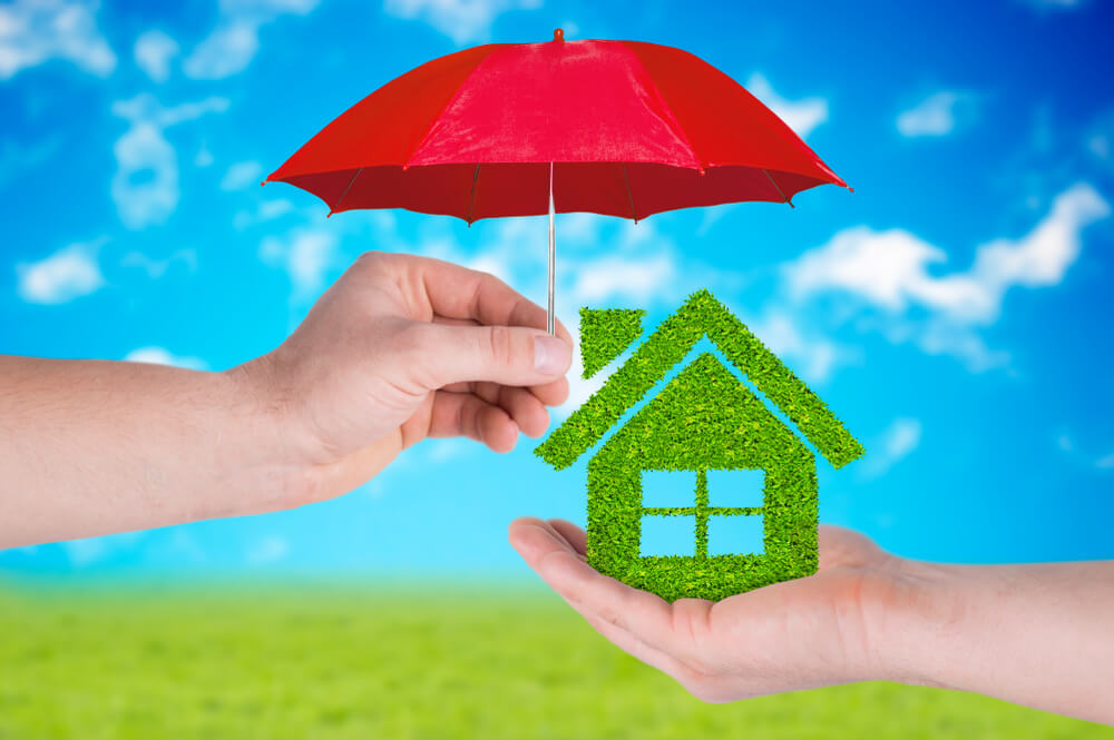 A drawing of a hand holding a red umbrella over a house made of grass.