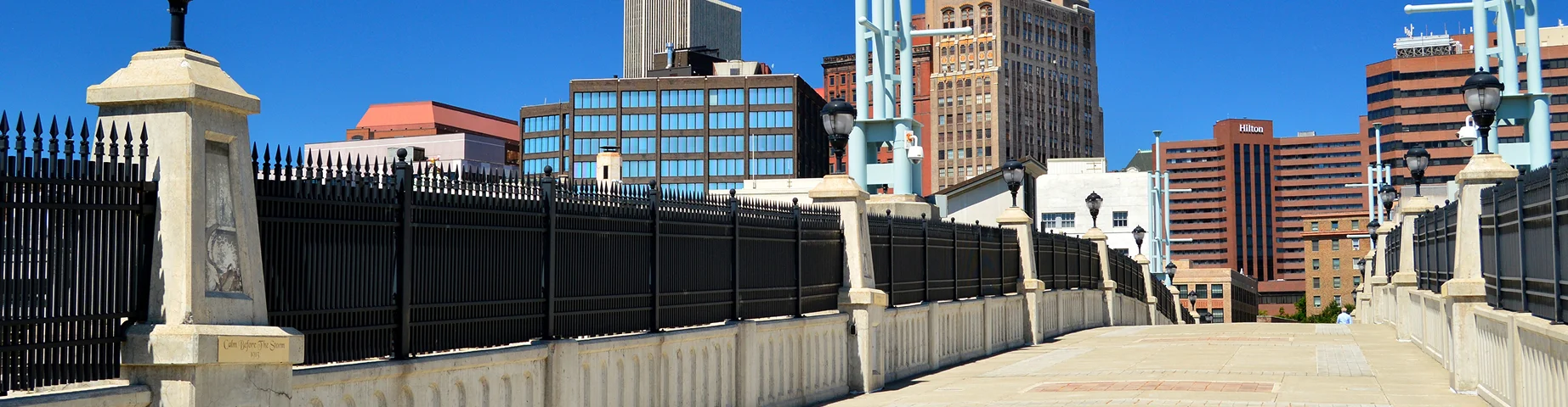 Albany, NY, USA February 16, 2016 A pedestrian bridge connects the downtown district of Albany New York with the Waterfront Park