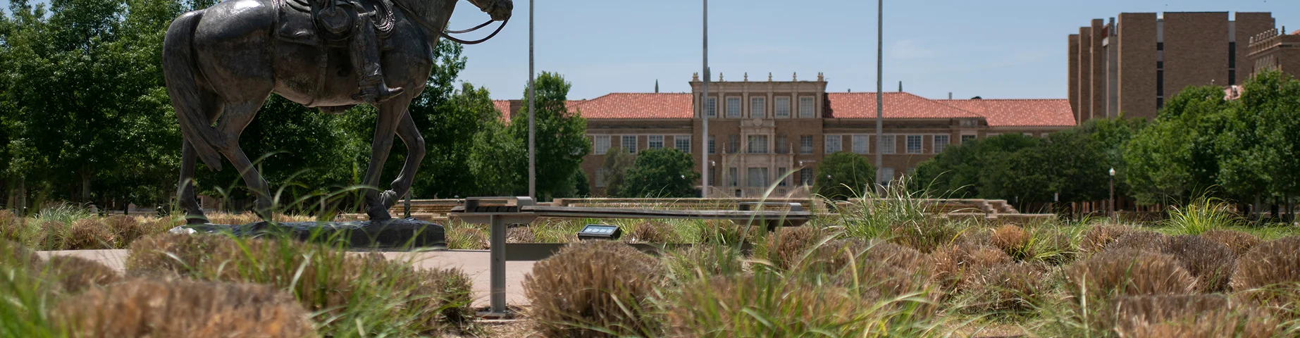 Lubbock, Texas - June 5, 2021: Texas Tech University Will Rogers and Soapsuds statue on Amon G. Carter plaza with campus flowers